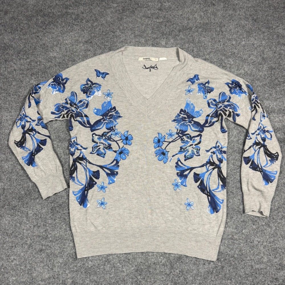 Desigual Louth Sweater Floral V-Neck Womens S Gray Blue Viscose Knit EUC
